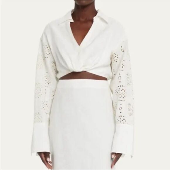 A.L.C. "Mason" front twist linen top featuring eyelet detailed sleeves-X1 - Picture 1 of 10